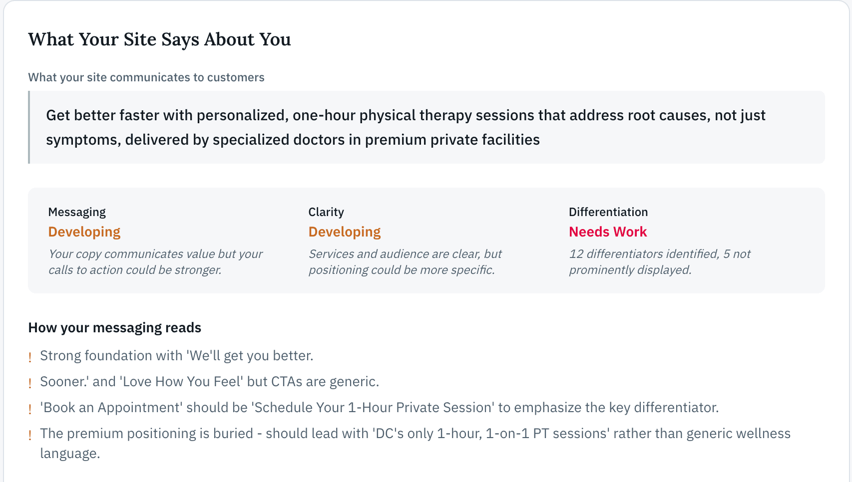 Sample report showing messaging analysis with specific copy recommendations like changing Book an Appointment to Schedule Your 1-Hour Private Session